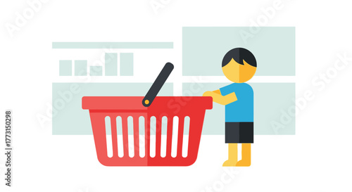 A young boy stands near a red shopping basket indoors