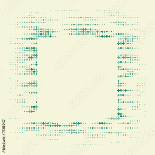 Abstract digital pixelated frame with fading green and blue diamond dots on a light beige background, creating a modern geometric border design.