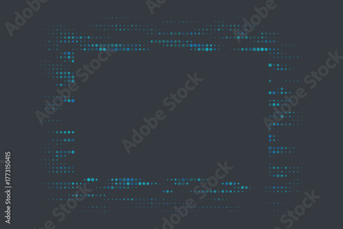 Abstract digital frame background with glowing blue and teal dots creating a modern geometric border on a dark grey surface, representing technology and data concepts.