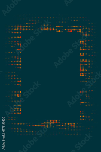 Abstract digital pixel frame with glowing orange and red diamond shapes on a dark teal background, modern tech border design for creative projects.