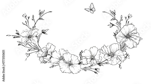 A stylish, minimal line-art floral wreath made of marigold and skull elements.