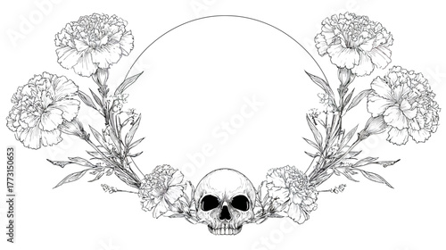 A stylish, minimal line-art floral wreath made of marigold and skull elements.