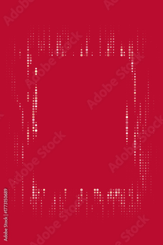 Vibrant red background with a modern digital dot frame, creating an abstract halftone effect, ideal for technology, grunge, and contemporary graphic design projects.