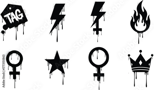 Graffiti art symbols and tags with dripping paint effect on white background.