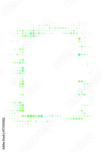 Abstract digital frame with glowing green and blue geometric squares and diamonds on a transparent background, creating a futuristic tech border.