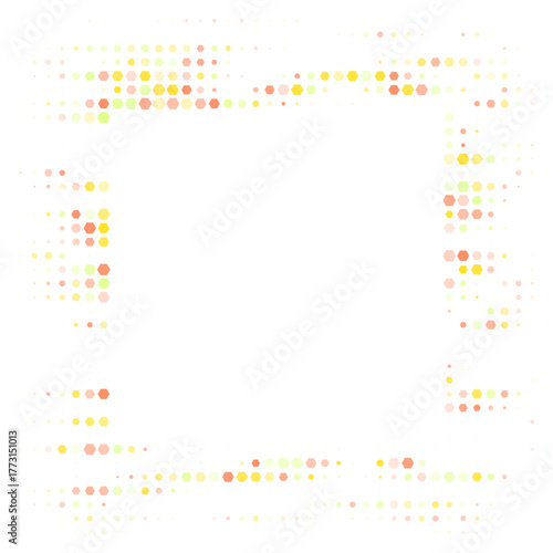 Geometric abstract frame with a mosaic of colorful hexagons and dots, creating a dynamic digital border on a sleek transparent background.