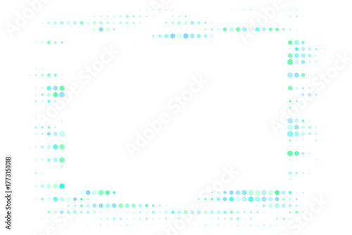 Abstract digital frame with glowing blue and green hexagonal and circular dots on a transparent background, creating a modern technology pattern and futuristic border effect.