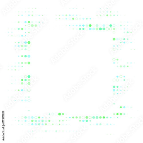 Abstract digital frame with glowing green and blue hexagonal and circular dots on a transparent background, modern technology border design for futuristic concepts.