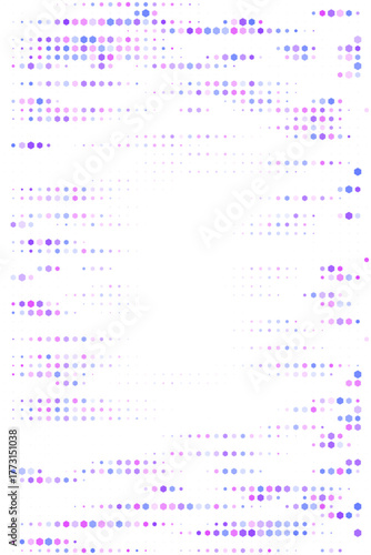 Abstract digital background with glowing purple and blue hexagonal dots creating a futuristic data stream pattern on a dark screen