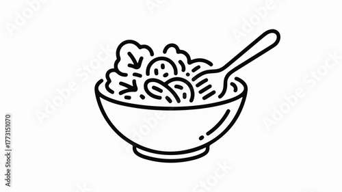 Simple line drawing of a fresh salad in a bowl with a fork, representing healthy eating.