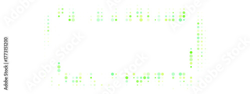 Abstract digital green dot frame on a transparent background, creating a modern technological border design with varying pixel sizes and shades.