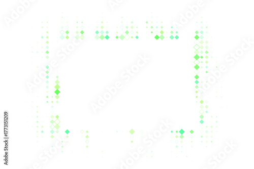 Abstract digital frame with glowing green and blue square particles creating a vibrant border on a transparent background, modern technology concept.