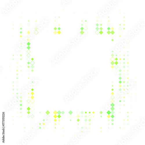 Abstract digital frame of glowing green and yellow diamond shapes on a transparent background, creating a modern technology-inspired pattern and border.