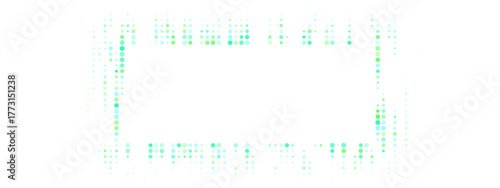 Abstract digital frame with glowing green and blue dots on a transparent background, symbolizing data, technology, and futuristic concepts.