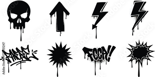 Urban graffiti stencil elements collection with dripping paint effect.