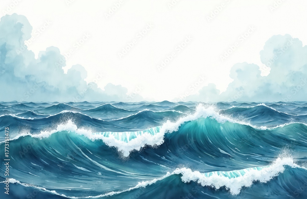 Fototapeta premium Watercolor illustration of stormy sea with big blue waves and white clouds in sky. Ocean landscape with rough water and cloudy weather. Artistic painting of seascape with turbulent sea and white foam.