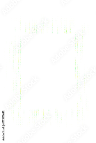 Abstract digital binary code stream with green zeros and ones falling down, forming a futuristic rectangular frame on a transparent background, symbolizing technology and data.