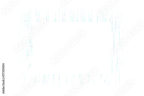Digital binary code data stream forming a futuristic rectangular frame on a transparent background, representing technology and cyber security concepts.