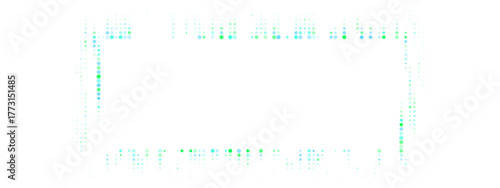 Abstract digital frame with glowing green and blue dots creating a futuristic rectangular border on a transparent background, ideal for technology and data concepts.