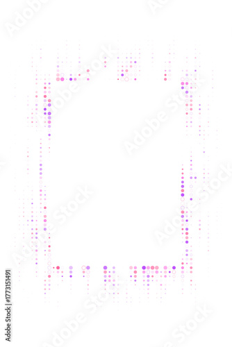 Abstract digital frame with glowing purple and pink particles forming a rectangular border on a transparent background, representing technology and data visualization.