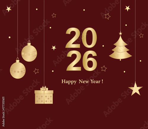 Christmas background with golden numbers 2026 with Christmas tree and New Year symbols, gift box, stars and baubles. Vector flat illustration for holiday design baners, greeting card, marketing