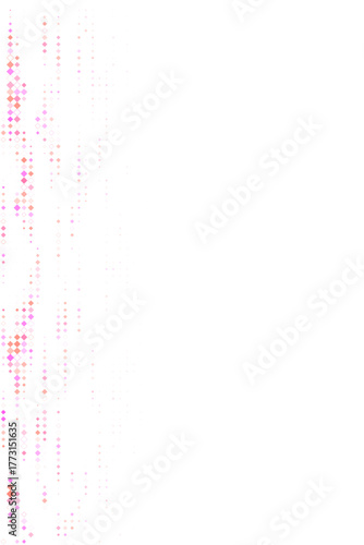 Dynamic abstract design featuring glowing pixelated diamonds in pink and purple, forming a vertical stream on a deep transparent background, ideal for technology and futuristic concepts.