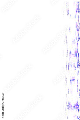 Abstract digital background with glowing purple and blue diamond pixels streaming vertically on a dark backdrop, creating a futuristic and dynamic effect.