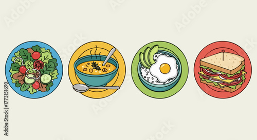 Colorful illustrations of a salad soup rice bowl and sandwich on plates