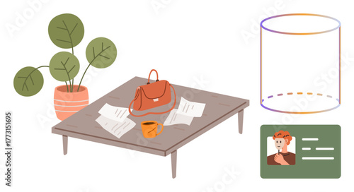 Table with papers, orange mug, and bag beside a potted plant. Includes ID card and abstract cylindrical diagram. Ideal for organization, identity, workspace, minimalism, productivity conceptual