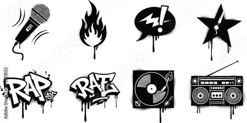 Graffiti Style Icons Representing Hip Hop Culture and Music Elements.