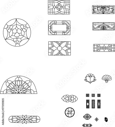 Minimalist line art collection of ornate geometric and floral patterns for windows, frames, and decorative elements — ideal for architectural or graphic design projects.