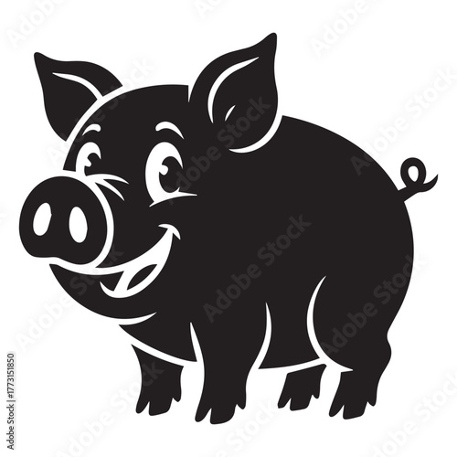A charming black and white silhouette image features a delightful pig with a cheerful expression, showcasing its endearing features and playful nature isolated on white background