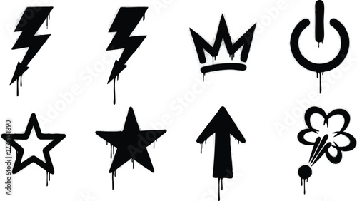 Set of black graffiti spray paint style icons and symbols.
