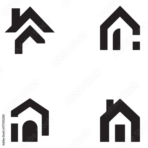 Four minimalist house icons isolated on white background, showcasing simple geometric shapes and clean lines, perfect for real estate, architecture, or homerelated branding and design projects