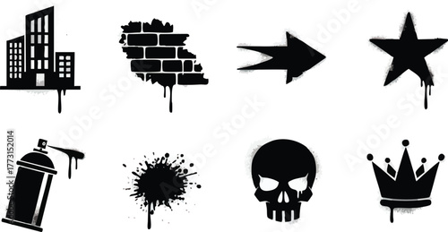 Graffiti Elements Collection Urban Art Icons in Black Silhouette.