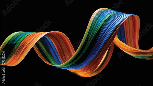 Fita de cor vibrante e abstrata em movimento contra fundo preto, representando criatividade e fluxo.