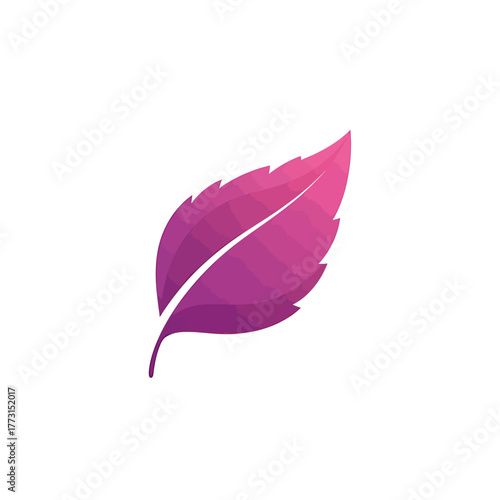 Modern stylized leaf icon with a vibrant pink and purple gradient. This abstract vector illustration has a geometric plant symbol for nature or eco branding