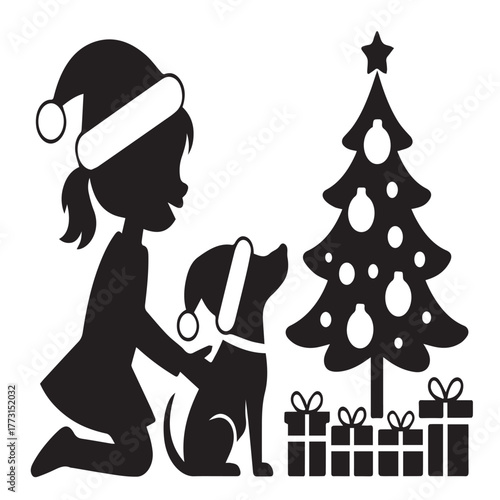 A silhouette of a girl and a dog wearing santa hats next to a christmas tree with presents underneath, creating a festive holiday scene, isolated on white background