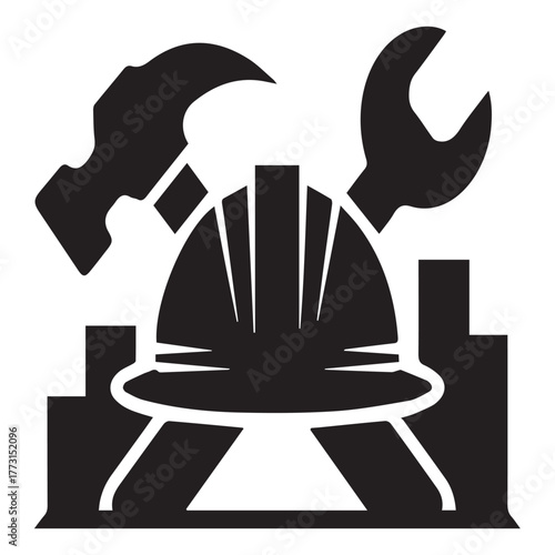 A black and white graphic depicts a construction workers helmet with a hammer and wrench, symbolizing building, repair, and industrial work, isolated on white background