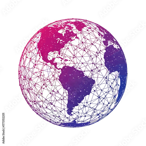 Stylized vector illustration of a digital Earth globe with a complex plexus network, representing global connection and modern technology