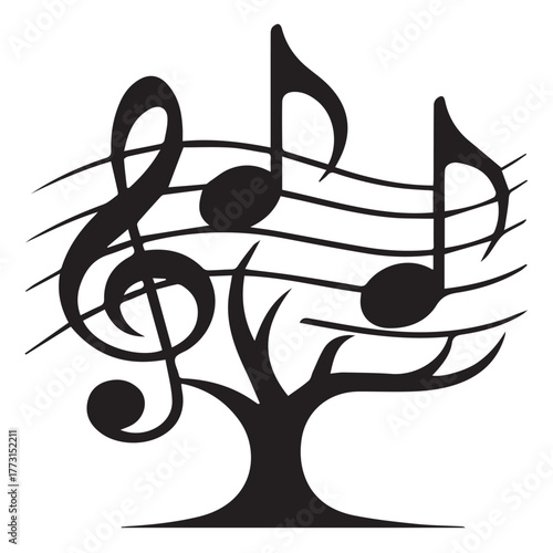 Music tree logo featuring a treble clef and musical notes as leaves, symbolizing the harmony between music and nature, isolated on white background