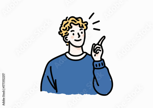 Um jovem homem com cabelo encaracolado aponta o dedo para cima, indicando uma ideia ou inspiração.