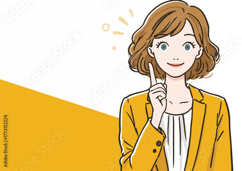 Mulher sorridente com um dedo levantado, indicando uma ideia ou solução criativa, com fundo amarelo.