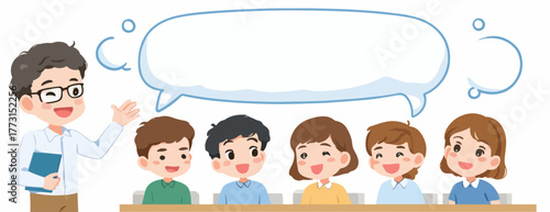 Professor ensinando e alunos atentos em sala de aula com balão de fala vazio para texto