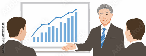 Homem de negócios apresenta gráfico de crescimento ascendente para colegas em uma reunião corporativa.