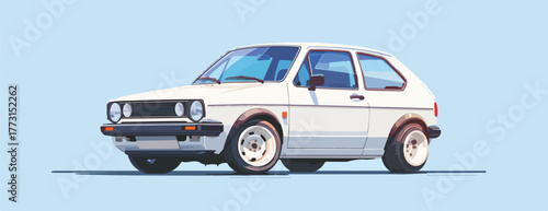 Vetor de um carro clássico branco em fundo azul claro, destacando seu design retrô e atemporal.