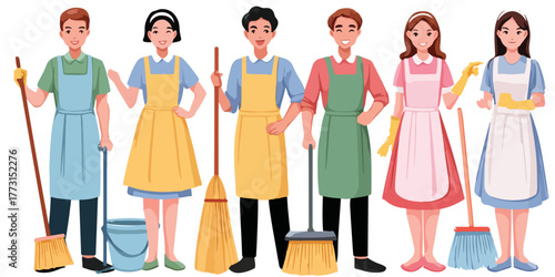 Equipe de limpeza profissional com vassouras e baldes, representando um serviço de arrumação eficiente e organizado.