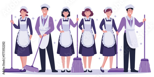 Equipe de faxineiros uniformizados com vassouras, prontos para limpar e organizar ambientes.