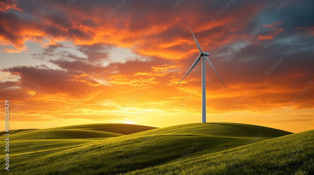 Fototapeta premium Wind turbine on green rolling hills under a vibrant sunset sky