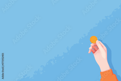 Mão segurando uma moeda dourada sobre um fundo azul claro com textura, conceito de investimento.